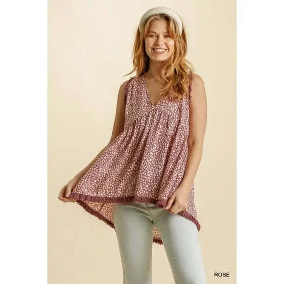 NWT Umgee Rose Animal Print V-Neck Sleeveless Back String Tie & Fringed Top - Picture 1 of 9